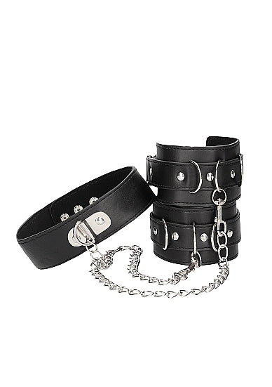 Black & White Collar W/ Hand Cuffs W/ Straps & Chain