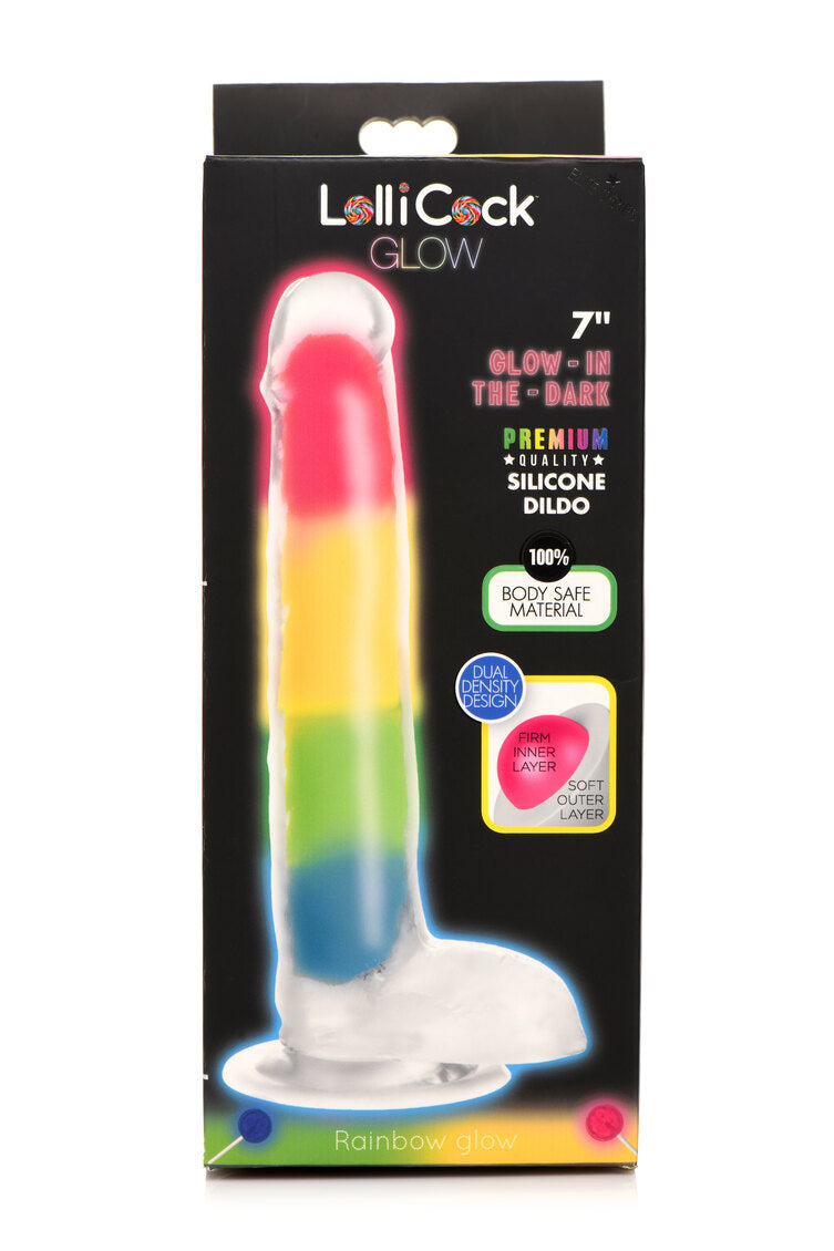 Lollicock 7in Glow In The Dark Rainbow Silicone Dildo W Balls