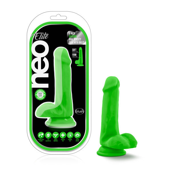 Neo Elite 6in Silicone Dual Density Cock W/ Balls Neon