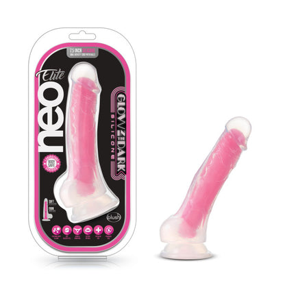 Neo Elite Glow In The Dark 7.5 In Silicone Cock W/ Balls Neon Pink